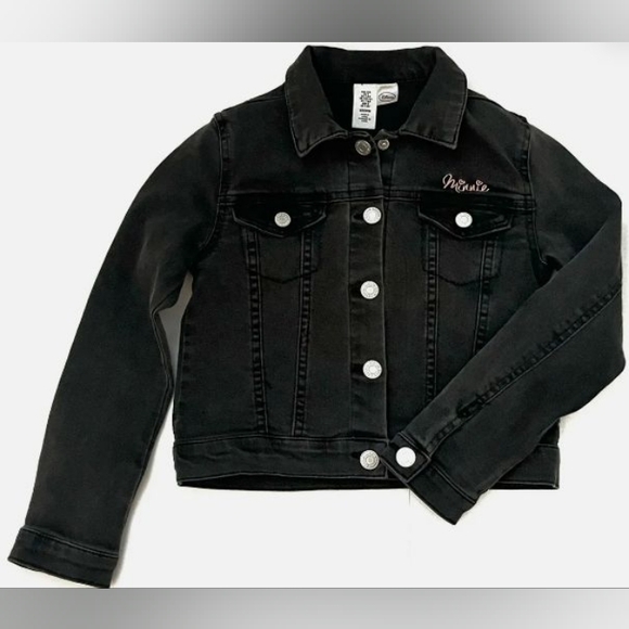 H&M Disney Minnie Washed Denim Jacket Black Long Sleeve Embroidered Size 8 - Picture 1 of 4
